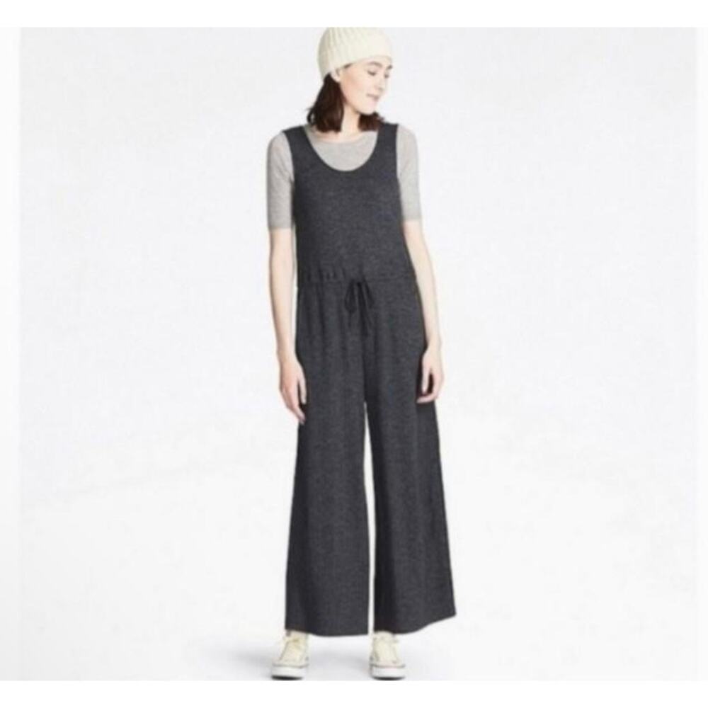 Uniqlo Soft Grey Ribbed Wide Leg Jumpsuit Sleeveless Drawstring Waist Size XS